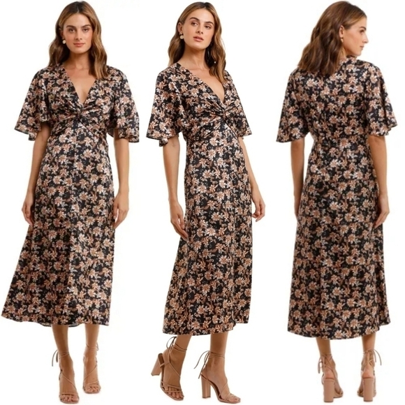 New ACLER Tippet Floral Flutter-Sleeve Midnight Wallpaper Midi Dress NWT Size 2 - Picture 1 of 16